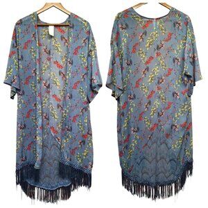 Womens Floral Fringe Kimono Shawl One Size Blue Lace Open Front Semi Sheer